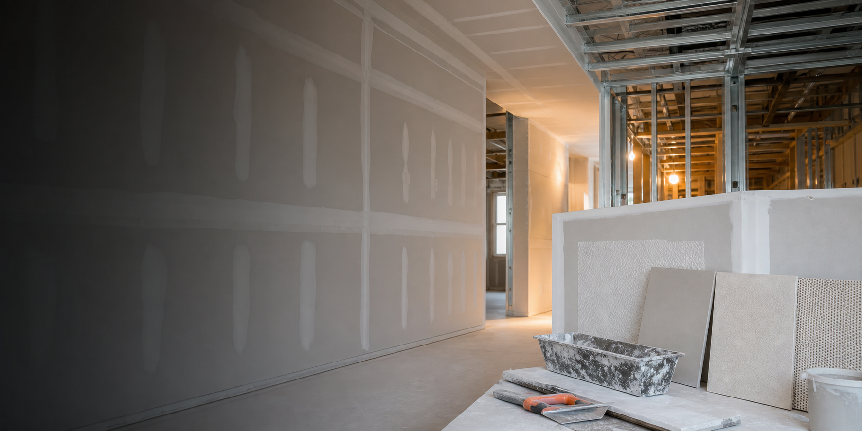Drywall, texture and metal framing work in progress