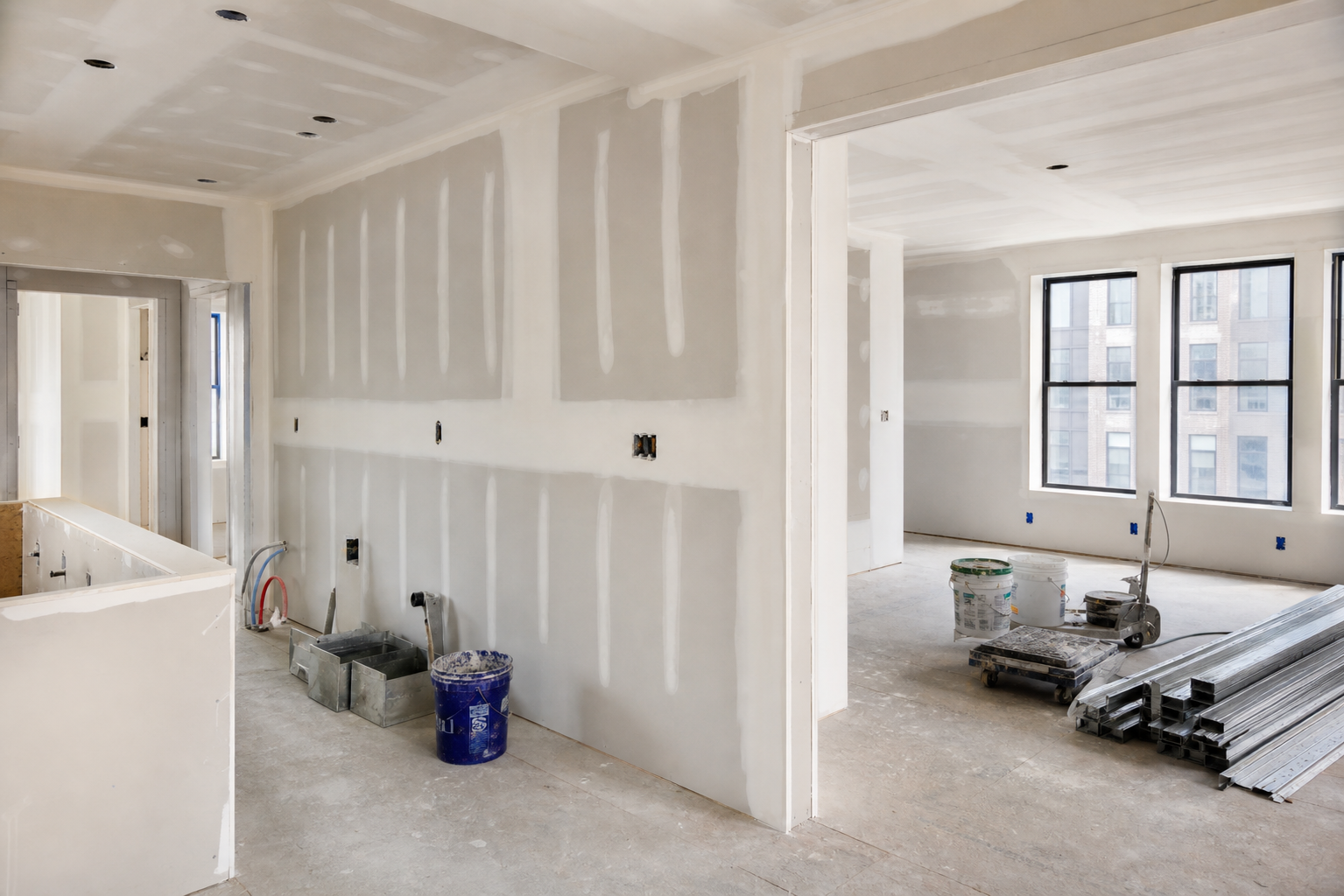 Drywall installation and taping work in progress